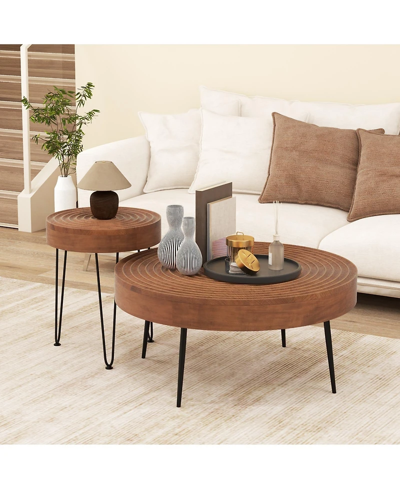 Slickblue Set of 2 Solid Wood Farmhouse Round Coffee Tables Ring Design