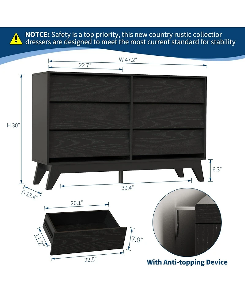 gaomon 6 Dresser for Bedroom, 47" Wide Dresser, Freestanding Horizontal Drawer with Storage