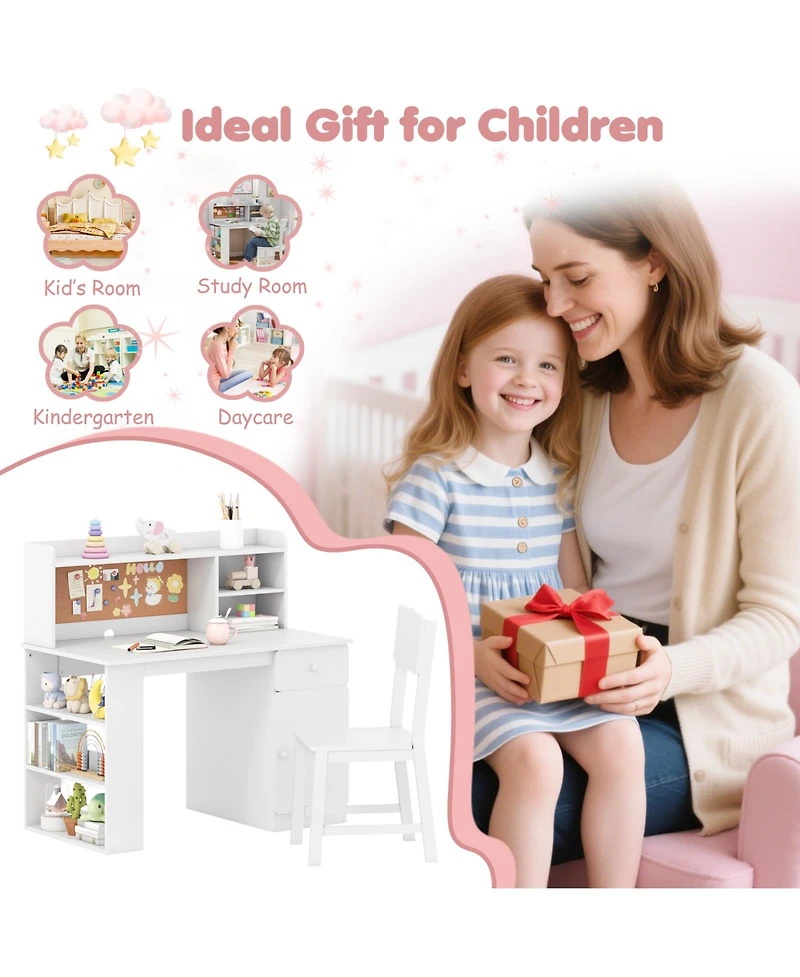 Sugift Kids Desk and Chair Set with Hutch and Side Storage Shelf