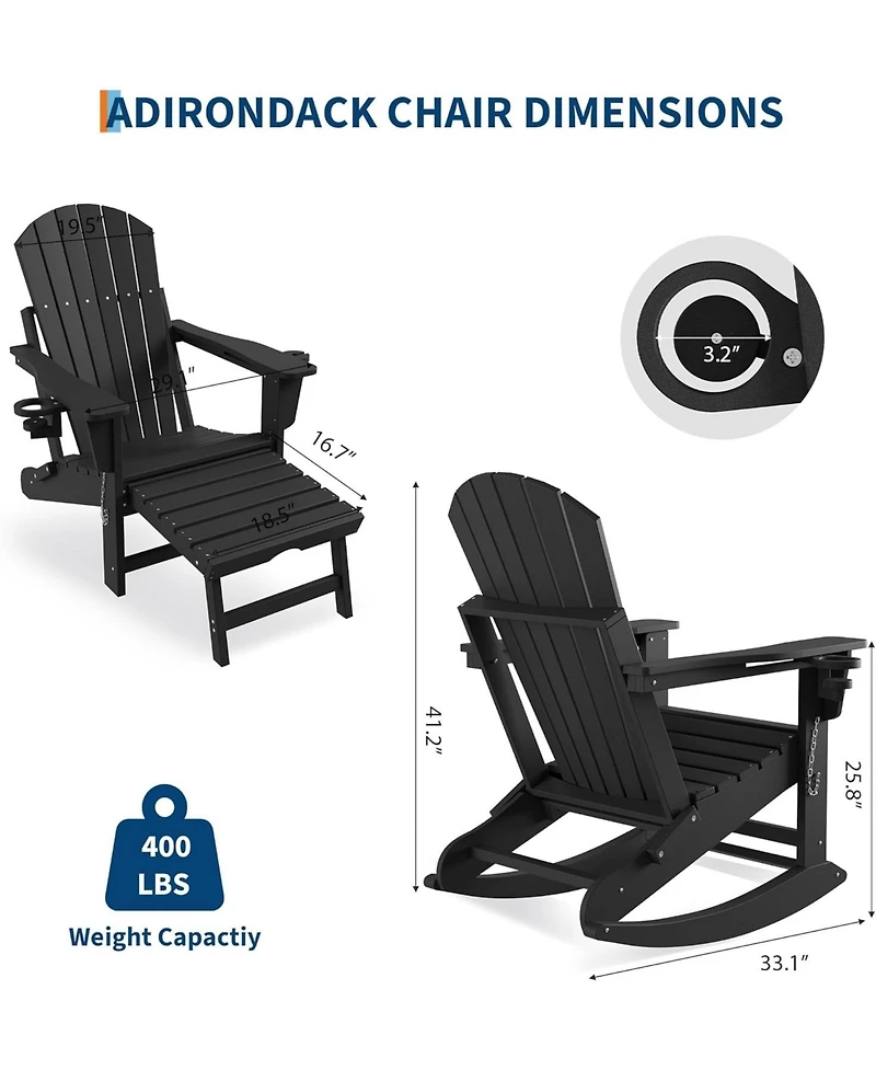 gaomon Folding Adirondack Rocking Chair with Retractable Ottoman and Cup Holders, Hdpe All-Weather Outdoor Chair for Porch