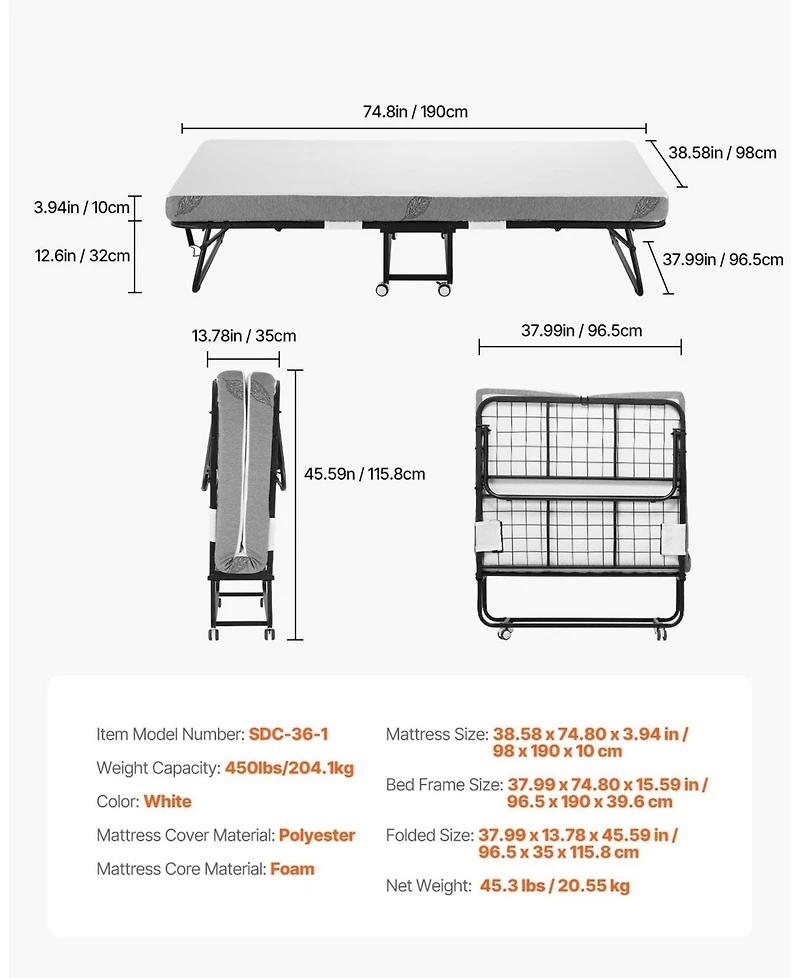 Sugift Rollaway Bed, 38" x 75", with 4" Memory Foam Mattress, Portable Folding Bed
