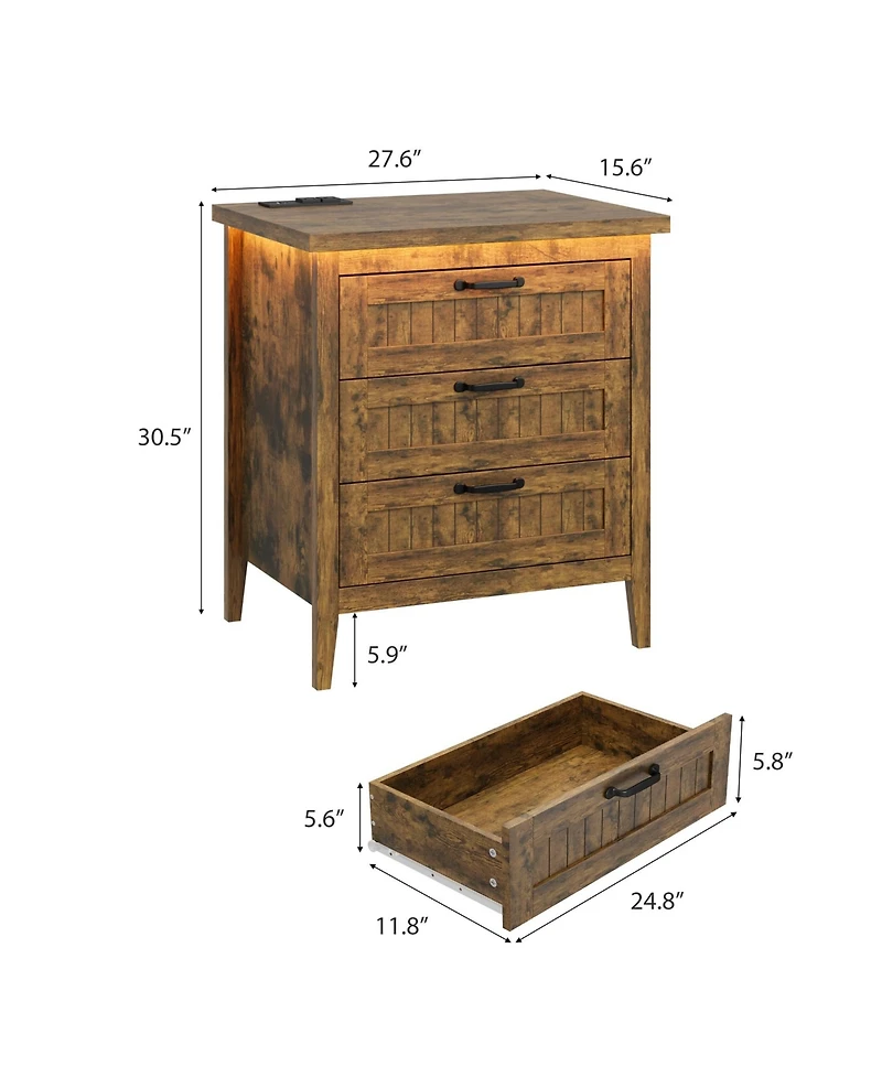 gaomon Farmhouse Drawer Dresser with Charging Station and Led Lights