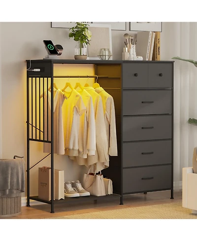 gaomon 49.2" Dresser with Hanging Rack and Led Lights, 6-Drawer Closet Organizer with Charging Station