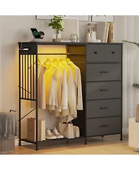 gaomon 49.2" Dresser with Hanging Rack and Led Lights, 6-Drawer Closet Organizer with Charging Station