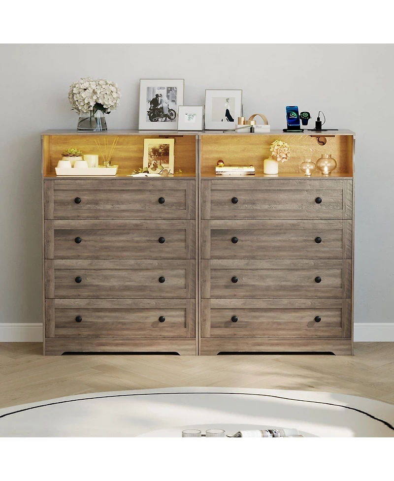 gaomon Tall Dresser for Bedroom with Led Lights and Charging Station, 4 Drawers Wood Chest of Drawers for Closet, Living Room