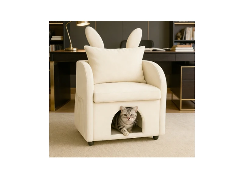 Zeus & Ruta Dark Bunny-Ear Cat Armchair Scratch-Resistant Fabric Built-in Hideaway Dual-Use Sofa with Side Pocket