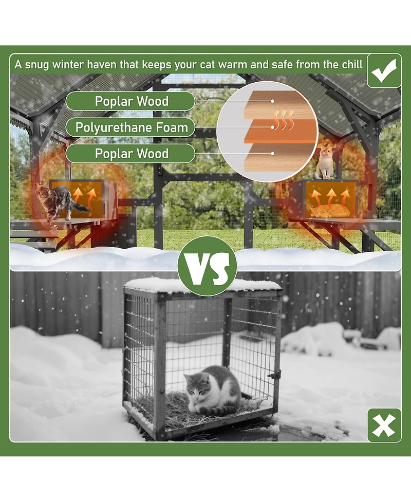 Zeus & Ruta Large Outdoor Cat Enclosure Wooden Shelter 7 Platforms 2 Resting Boxes 2 Bridges Waterproof Uv Proof Canopy