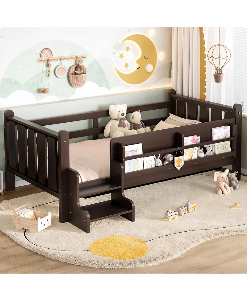 Rainsken Twin Size Floor Bed with Stairs and Bookcase, Solid Wood Low Profile Bed Frame with Guardrails, Kids Bed for Boys Girls, 350 Lbs Capacity