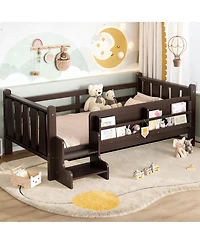 Rainsken Twin Size Floor Bed with Stairs and Bookcase, Solid Wood Low Profile Bed Frame with Guardrails, Kids Bed for Boys Girls, 350 Lbs Capacity