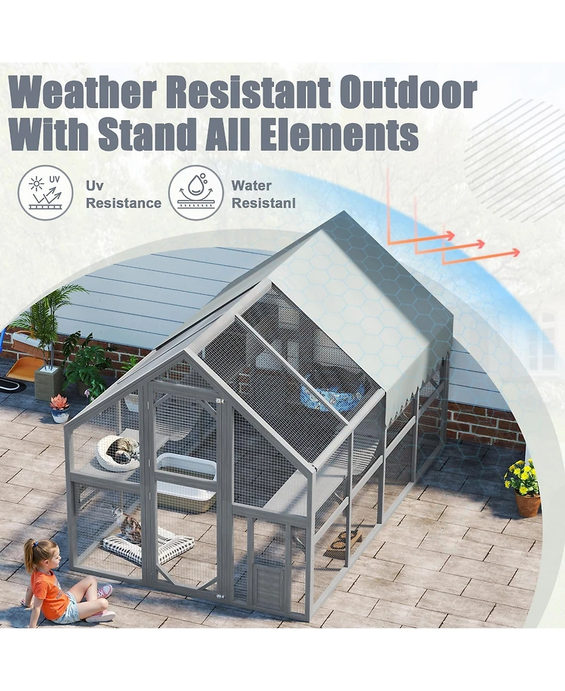 Zeus & Ruta Large Outdoor Cat Enclosure Wooden Shelter 7 Platforms 2 Resting Boxes Bridges Waterproof Uv Proof Canopy