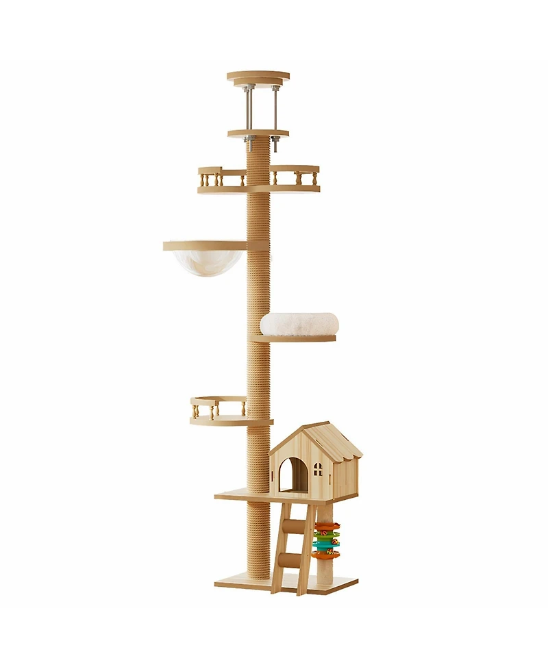 Zeus & Ruta Floor to Ceiling Cat Tree Adjustable Height Wood Tower with Scratching Post Condo Cave Bed Hammock