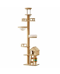 Zeus & Ruta Floor to Ceiling Cat Tree Adjustable Height Wood Tower with Scratching Post Condo Cave Bed Hammock