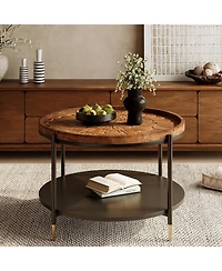 Tribesigns Solid Wood Round Coffee Table, 31.5-Inch Boho Center Tea Table with Metal Storage Frame and Carved Floral Pattern