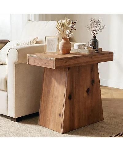 Tribesigns Solid End Table, 23.6" Wood Side Table with Trapezoid Base, Wooden Nightstand