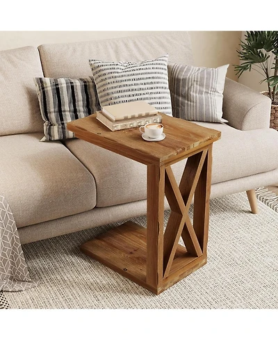 Tribesigns Solid Wood End Table, 2-Tier C Shaped Side Table, Solid Wood Sofa Side Table, Simple Nightstand