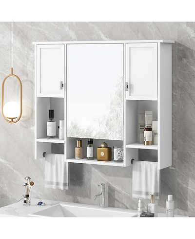 Busdays 35'' x 28'' Modern Wall Mounted Bathroom Storage Cabinet, Bathroom Wall Cabinet with Mirror, Medicine Cabinet with Towels Bar