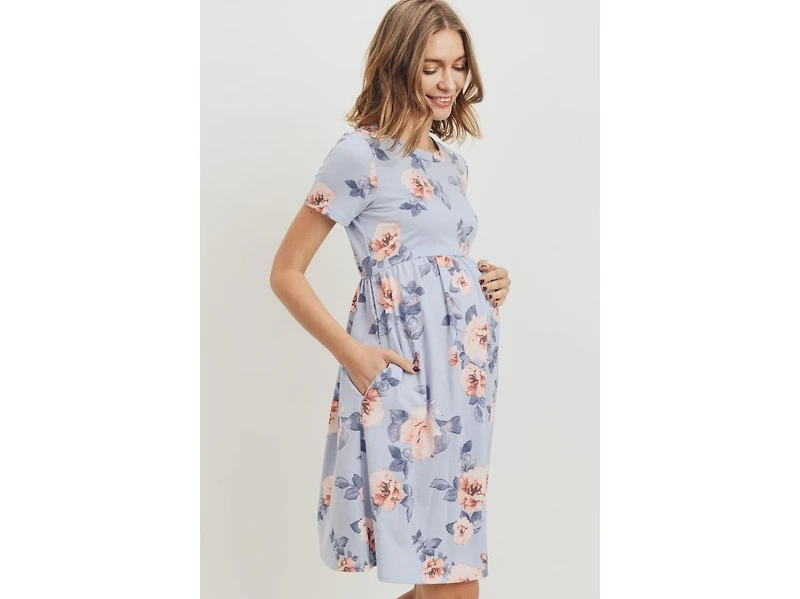 Hello Miz Maternity Floral Print Empire Waist Short Sleeve Knit Dress with Pockets