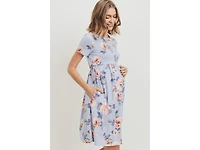 Hello Miz Maternity Floral Print Empire Waist Short Sleeve Knit Dress with Pockets
