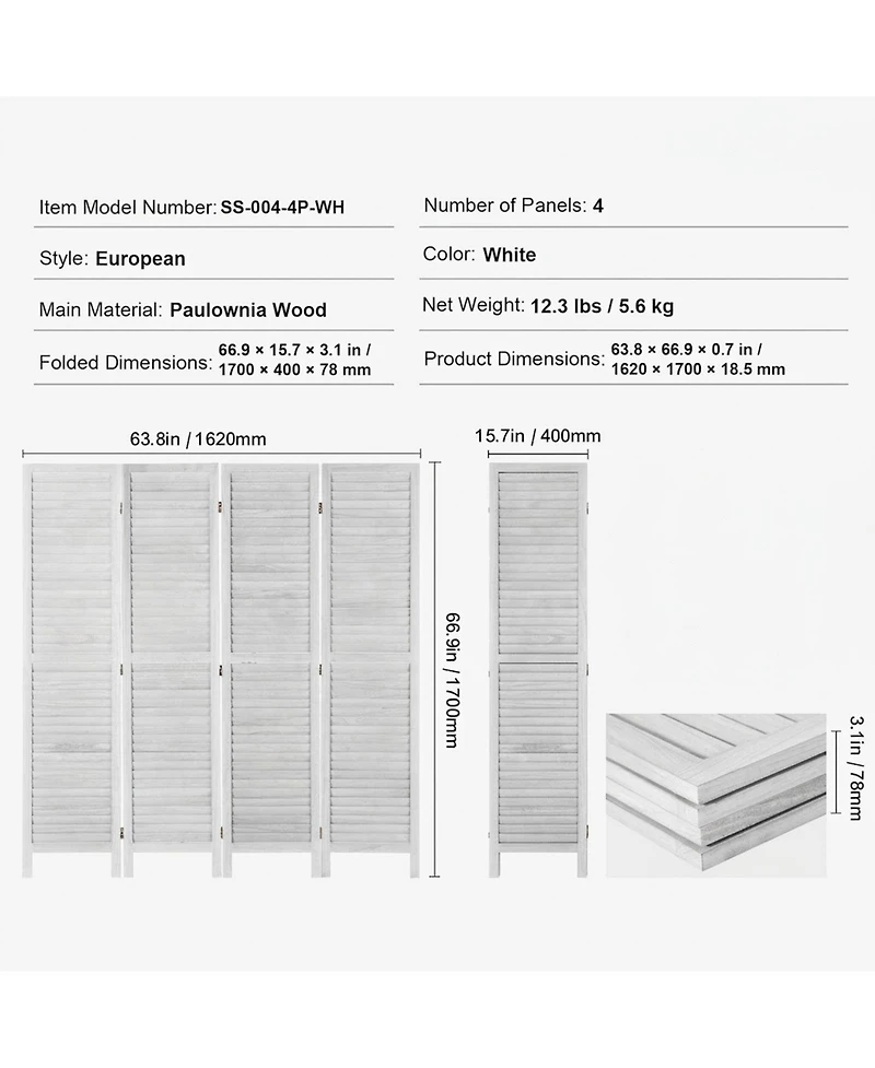 Sugift Wood Room Divider, 4 Panel Folding Privacy Screen for Home and Office Use