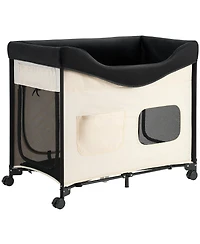 Zeus & Ruta Elevated Cat Lounge Foldable Bunk 600D Oxford Dutch Velvet Cot on Wheels Side Pouches Carry Bag Xl Beige