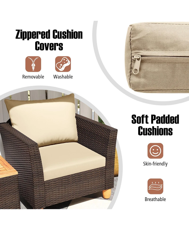 Sugift 3 Piece Patio Wicker Furniture Set with Cushions and Wood Table