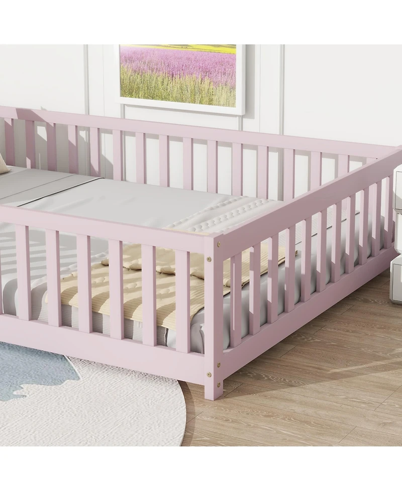 Jujabu Full Rubber Wood Floor Bed with Fence Door and Safety Guardrails