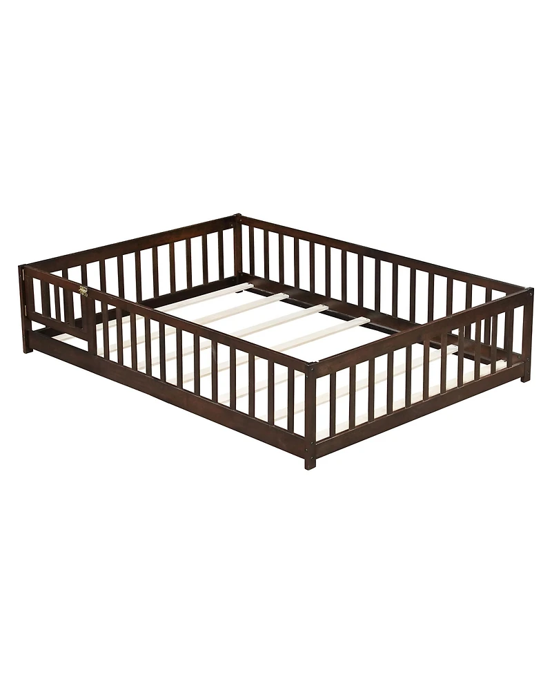 Jujabu Full Rubber Wood Floor Bed with Fence Door and Safety Guardrails
