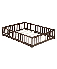 Jujabu Full Rubber Wood Floor Bed with Fence Door and Safety Guardrails
