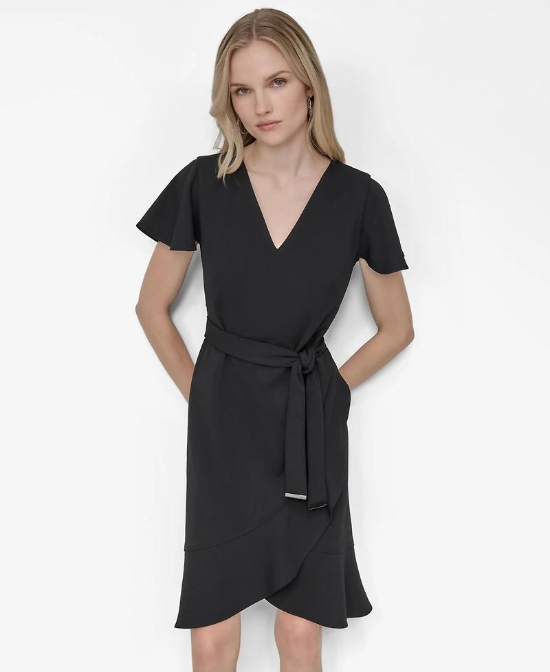 Dkny Women's Flutter Short-Sleeve V-Neck Faux-Wrap Dress