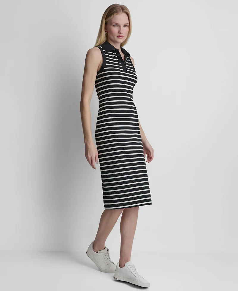 Dkny Women's Striped Sleeveless Collared Polo Midi Dress