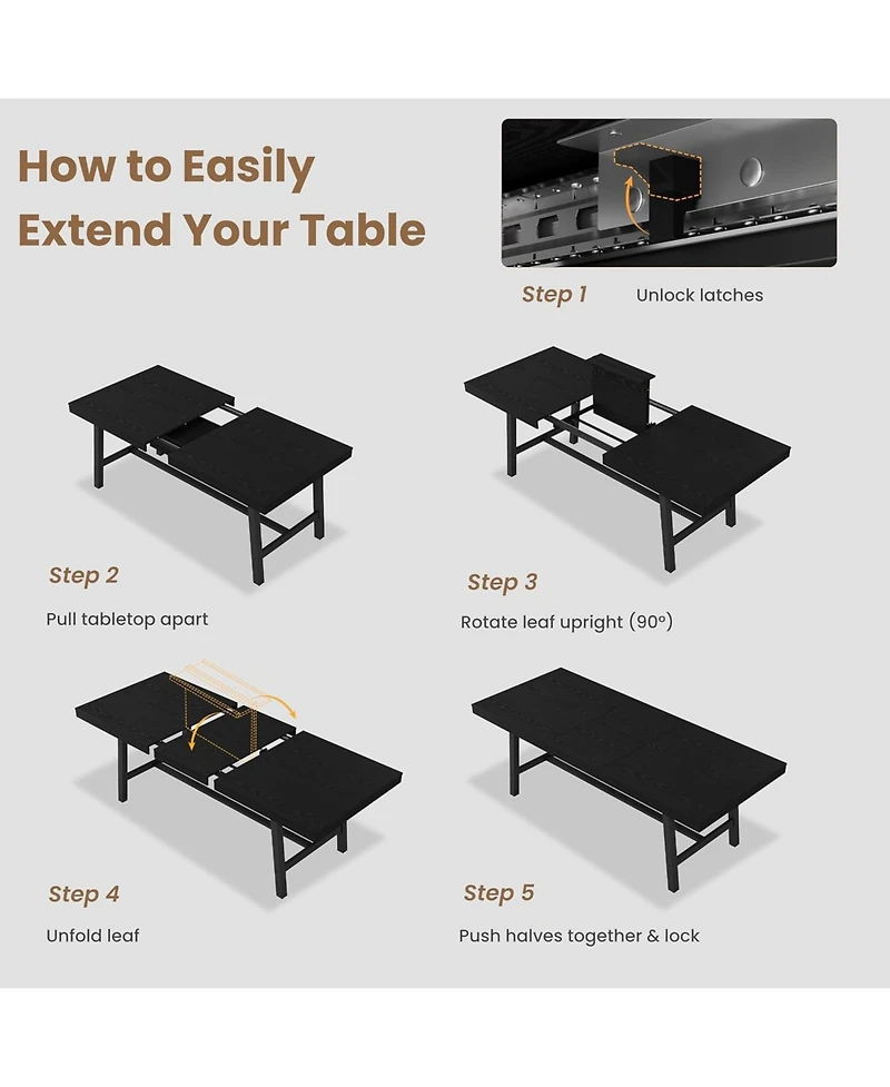 gaomon 63–83" Extendable Dining Table, Industrial Rectangular Table for 6–8, Expandable Kitchen Table with Heavy-Duty Metal Frame
