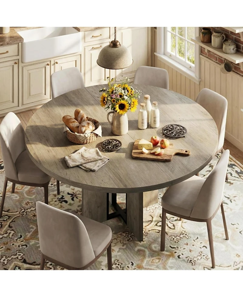 gaomon 47"-63" Extendable Dining Table for 4-8, Farmhouse Expandable Round Kitchen Table Transforms Into Oval, w/Arched Legs, Sturdy Metal Frame