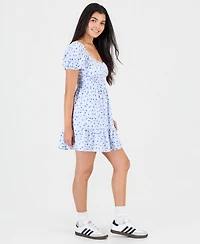 Kingston Grey Juniors' Floral Print Eyelet Puff-Sleeve Mini Dress