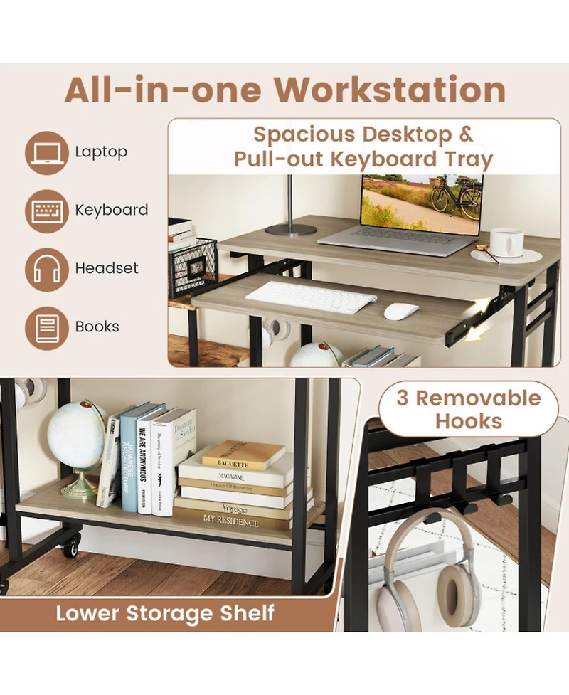 Gouun Rolling Computer Table with Pull-out Keyboard Tray and Storage Hooks