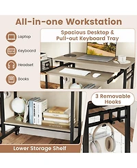 Gouun Rolling Computer Table with Pull-out Keyboard Tray and Storage Hooks