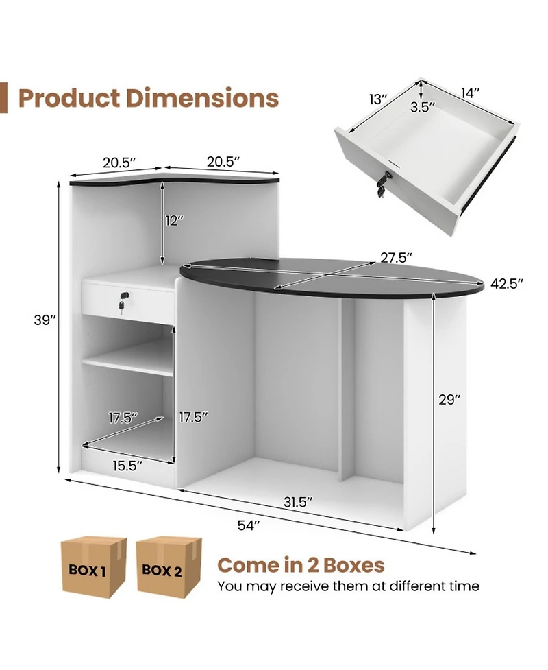 Gouun Modern Reception Counter Desk with Oval Tabletop and Lockable Drawer