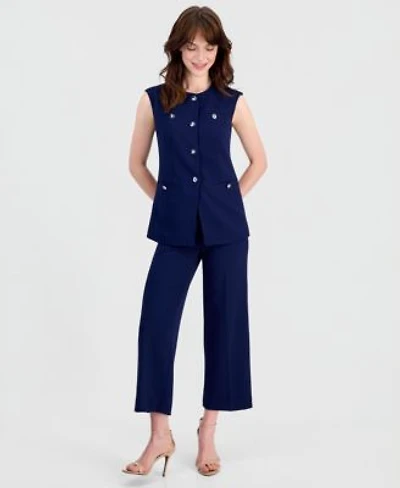 Anne Klein Womens Stretch Crepe Four Button Vest Wide Leg Cropped Pants