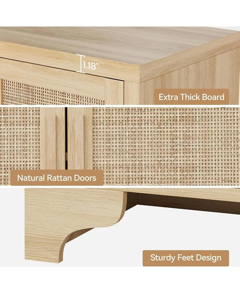 4-Door Boho Sideboard Buffet Cabinet, Natural Rattan Storage, Entryway Console or Coffee Bar Table for Dining Room, Living Kitchen,