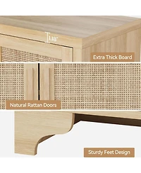 4-Door Boho Sideboard Buffet Cabinet, Natural Rattan Storage, Entryway Console or Coffee Bar Table for Dining Room, Living Kitchen,