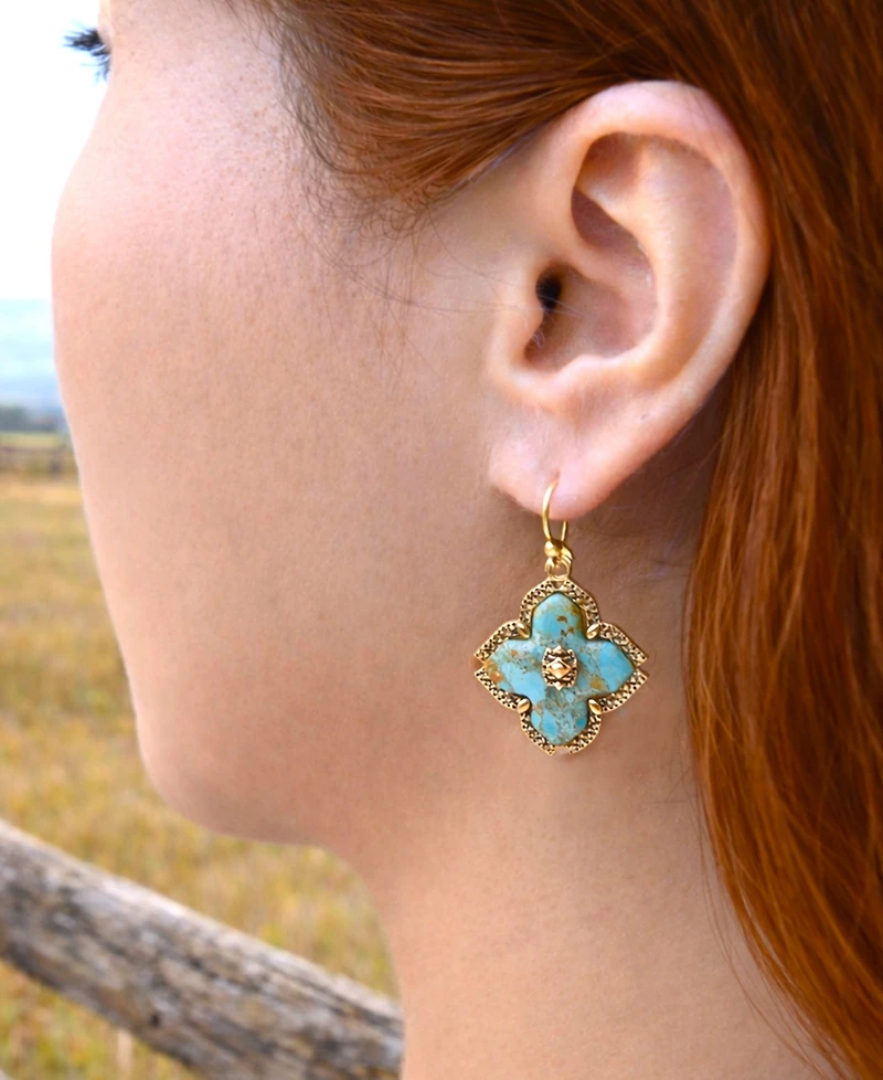 Barse Blue Turquoise Maltese Golden Cross Earrings