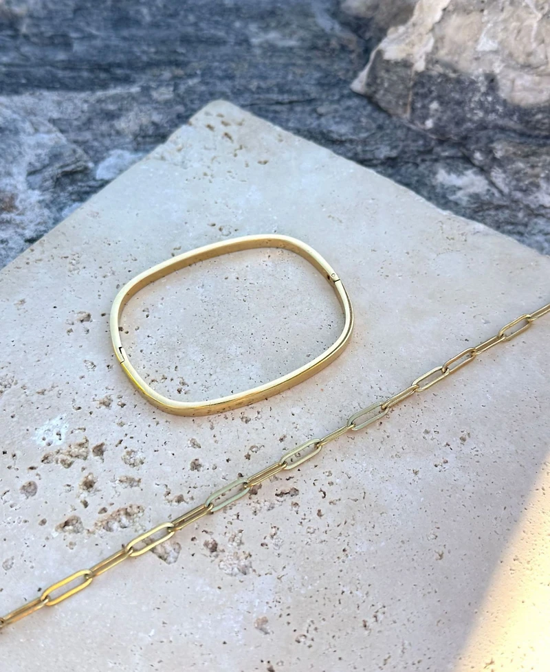 Adornia Tarnish Resistant Gold Rectangular Cuff and Paper Clip Chain Bracelet Set