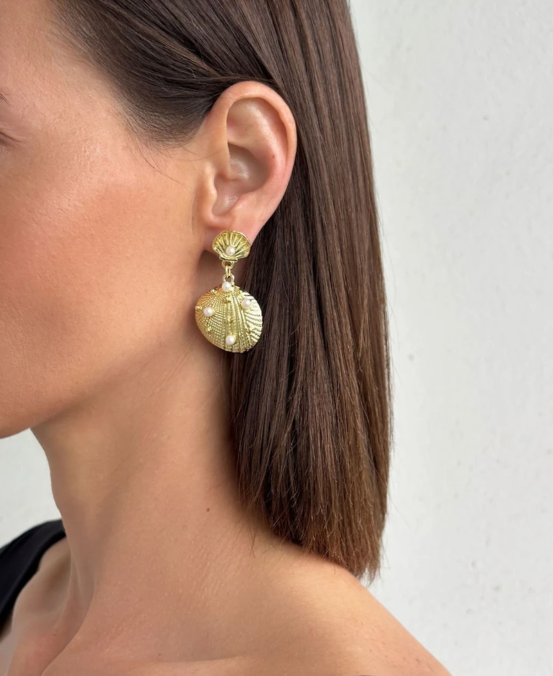 Adornia Gold Pearl-Studded Shell Drop Earrings