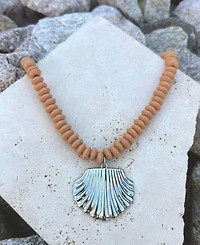 Adornia Silver Oversized Shell Charm on a Wood Beaded Magnetic Clasp Chain