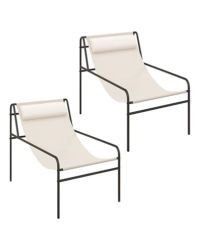 Gymax 2 Pieces Patio Sling Chair Modern Accent Chair w/ Removable Headrest and Sturdy Metal Frame