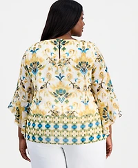 Kasper Plus Border-Print Ruffle-Sleeve Top