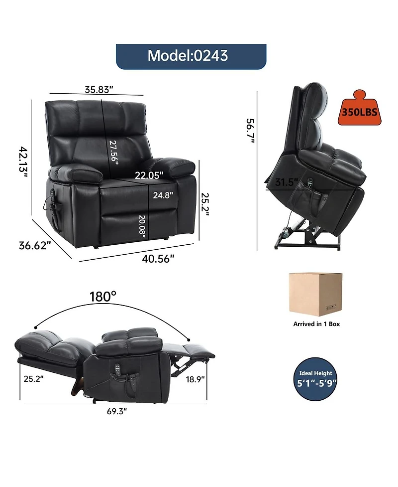 Maison Boucle Oversized Power Lift Recliner Chair for Elderly, Faux Leather Dual Motor Infinite Position with Massage, Heat, Remote & Cup Holders