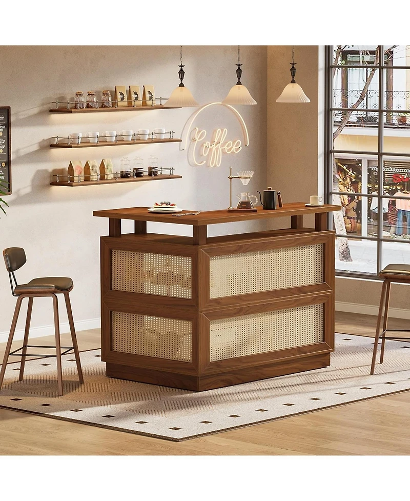 Tribesigns L Shaped Bar Table with 4-Tier Storage Shelf, Rattan Home Bar Unit with 2 Stemware Racks, Corner Mini Coffee Liquor Cabinet