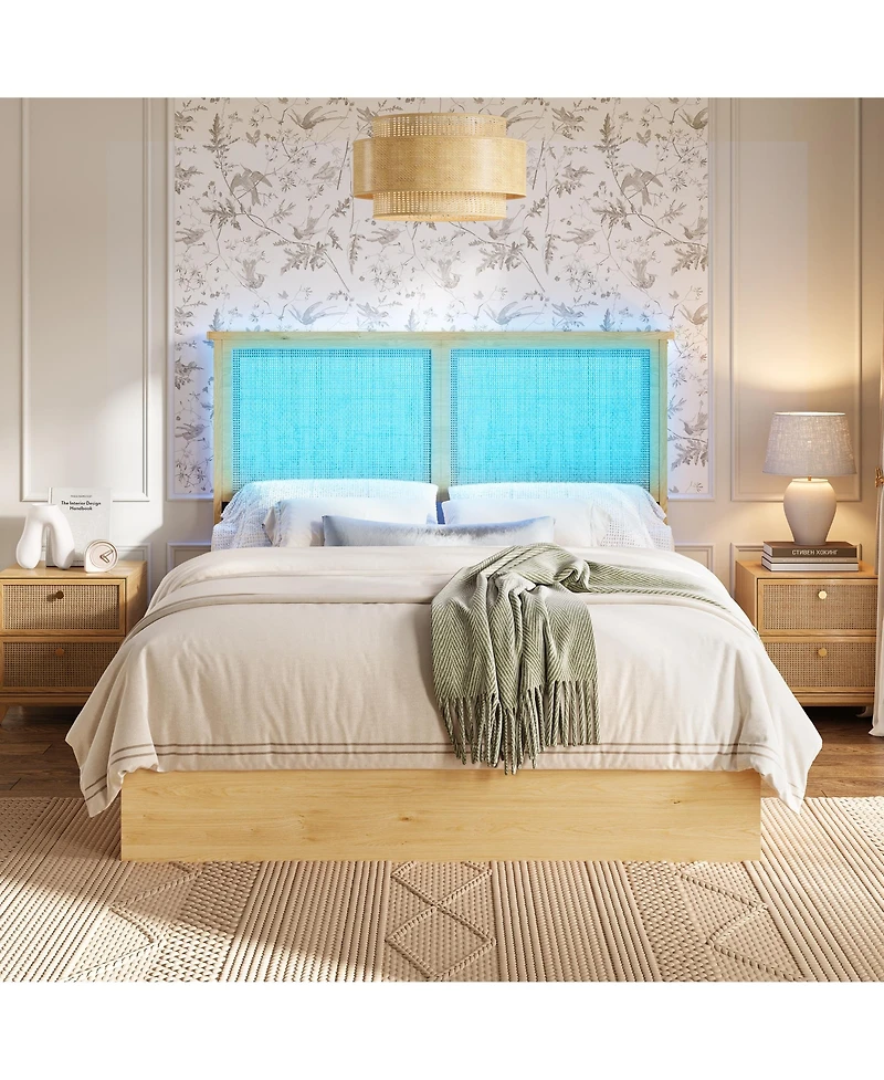 gaomon Bohemian Platform Bed Frame with Rattan Storage Headboard, Adjustable Led Lights, Wooden Support Legs, No Box Spring Needed
