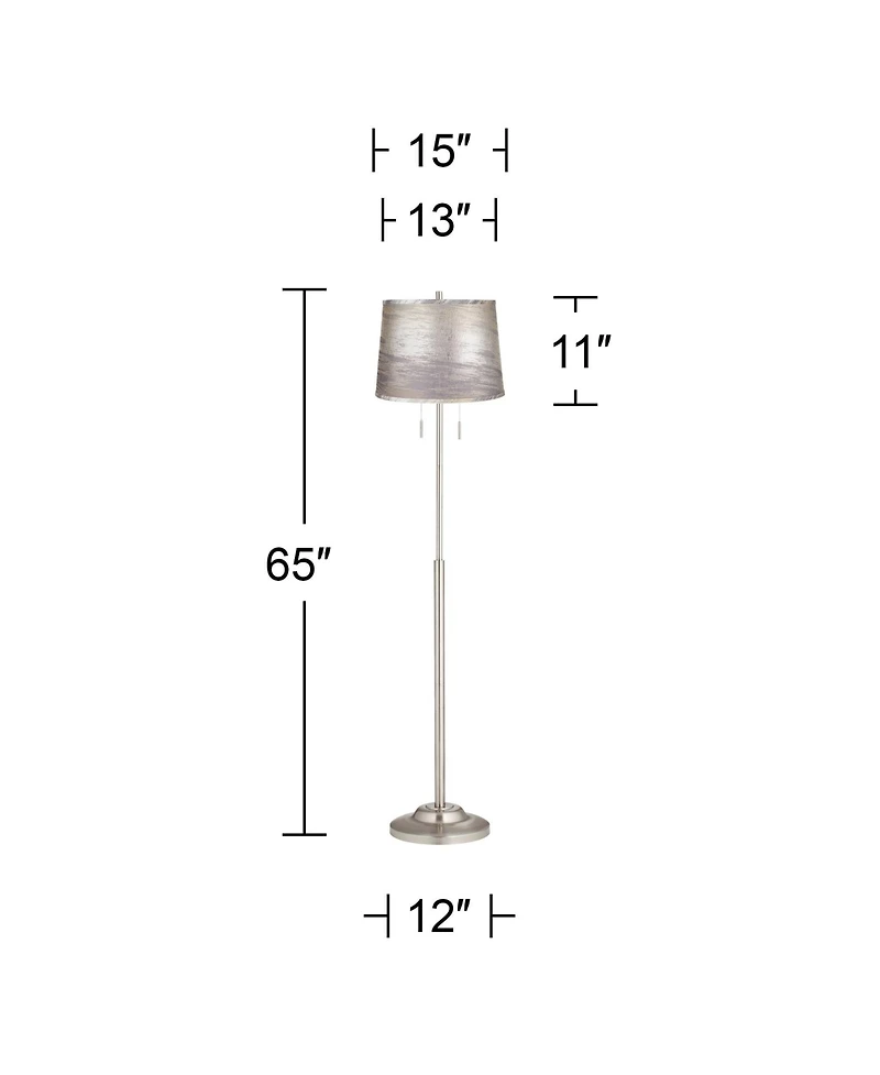 360 Lighting Abba Modern Tall Standing Floor Lamp Pole Twin Pull Chain Metal Brushed Steel Finish Drum