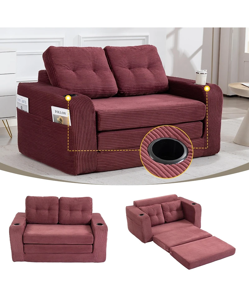 Rainsken Multi-use Convertible Sofa Bed, Boneless Corduroy Loveseat Floor Couch with Cup Holders and Pillows, Modern Sofa Bed for Living Room